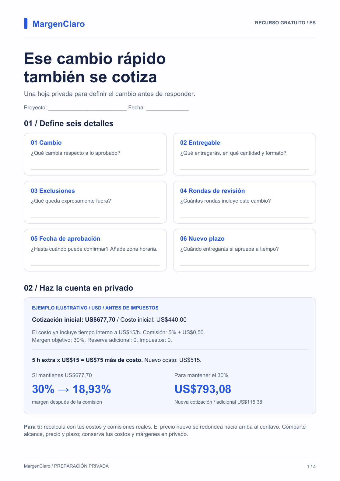 Primera página en español de la hoja de cambios de alcance, con seis preguntas y un ejemplo ilustrativo de precio